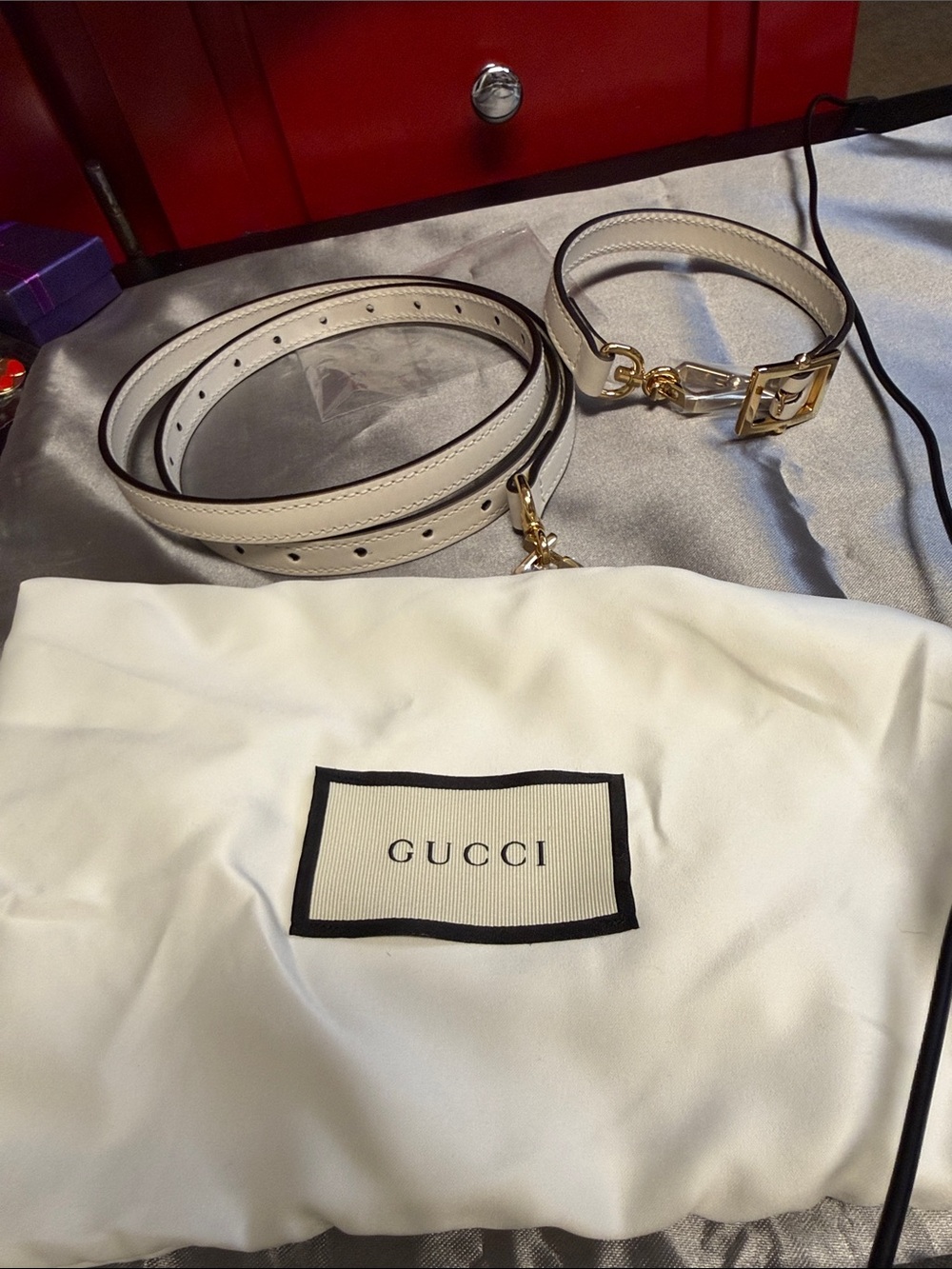 White Leather straps short and long with Gold hardware